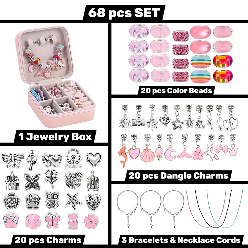 Personalized Jewelry DIY Kit for Kids Custom Name Jewelry Box,Bracelet and Necklace Making Set Bracelet Making Kit for Girls 68 Pcs DIY Jewelry Set