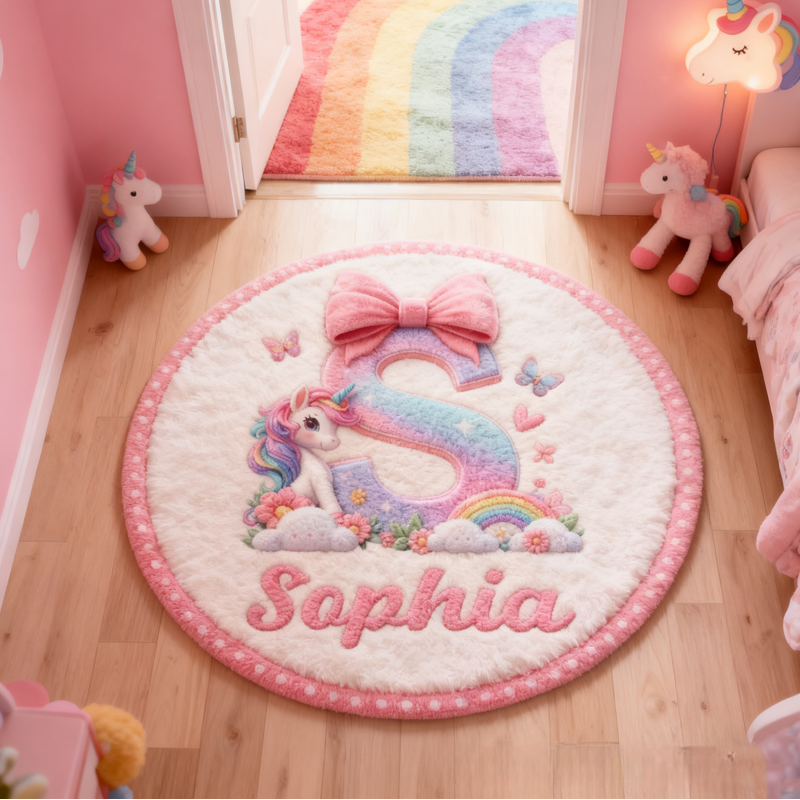 Personalized Pink Dreamy Horse Initials with Name Soft Rug Christmas Gift for Kids Rug Birthday Gifts for Kids