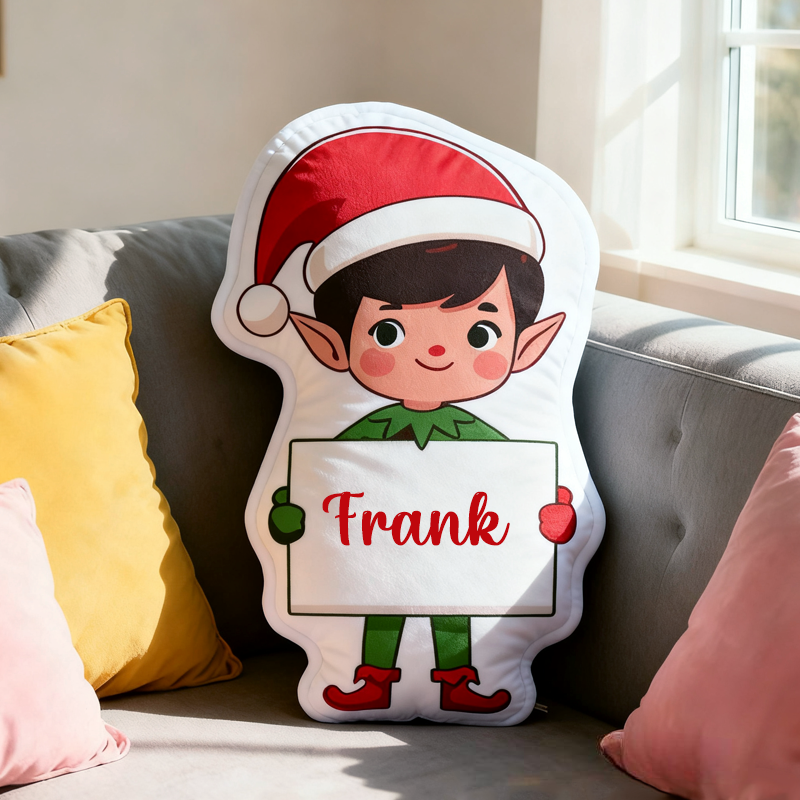 Personalized Cartoon Cute Elf with Name Pillow Christmas Gift for Kids Family