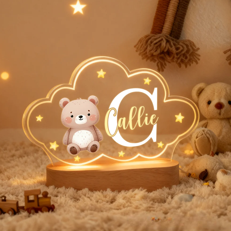 Personalized Cute Animals Star Cloud Style Acrylic LED Night Light with Wooden Base and Name Birthday Anniversary Gift for Kid Newborn