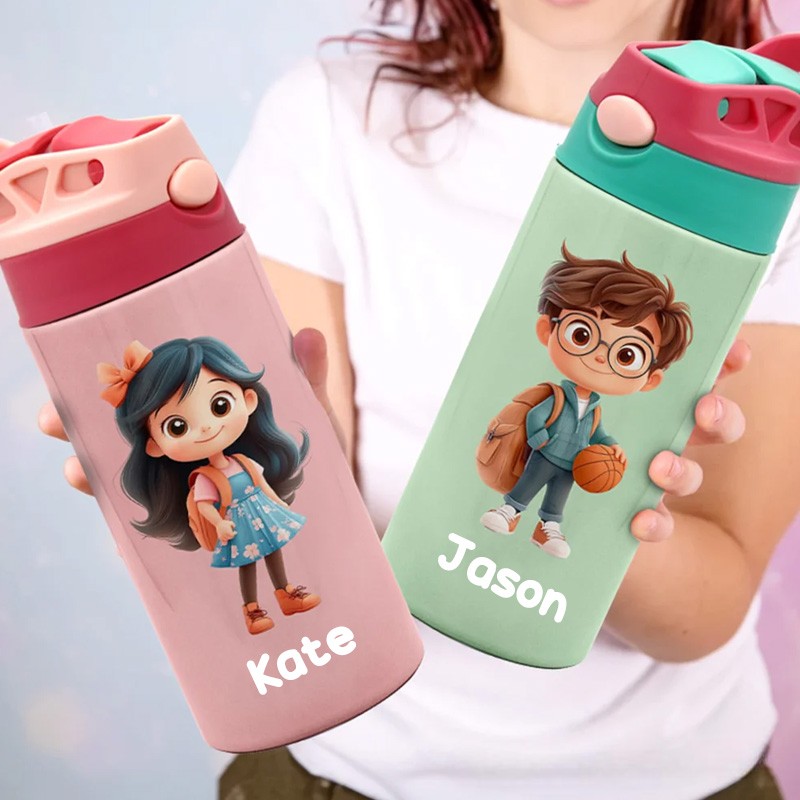 Personalized Cute Cartoon Character Name 12 oz Insulated Water Bottle with Straw and Spill-Proof Lid Back to School Gift for Boys Girls