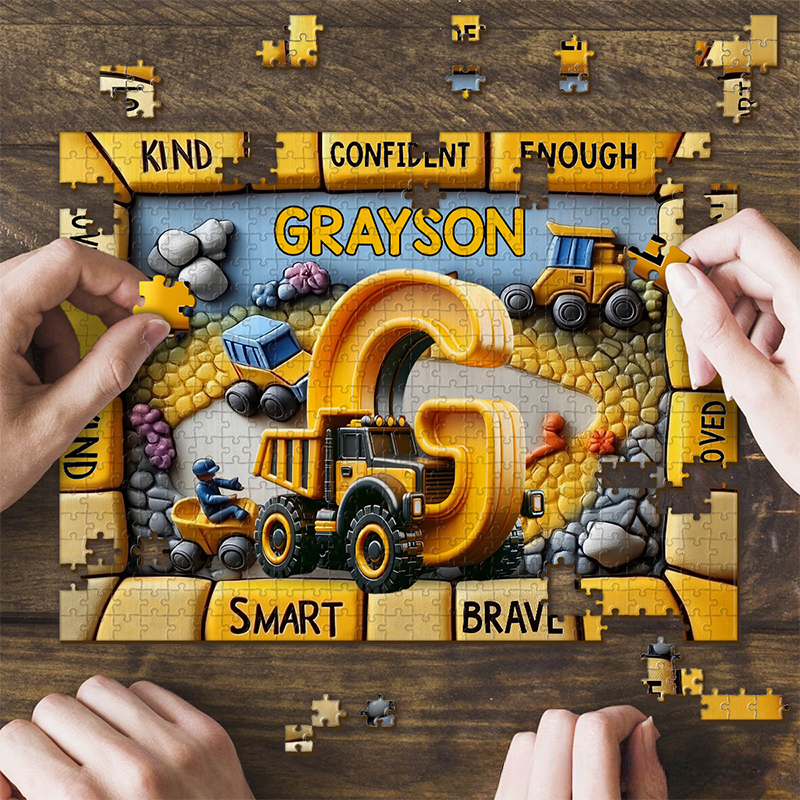 Personalized Kid Jigsaw Puzzle Construction Vehicles Letter Gift for Grankids 