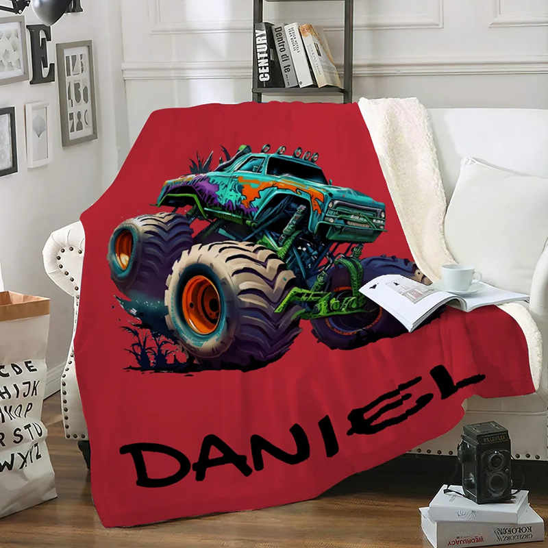 Personalized Big Wheel Off Road Truck Soft Throw Blanket with Name Home Decor Birthday Gift 