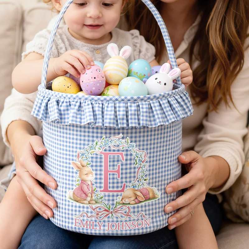 Personalized Cute Wreath Bunny Plaid Easter Basket with Name and Initial Easter Eggs Hunting Easter Day Gift for Boys Girls