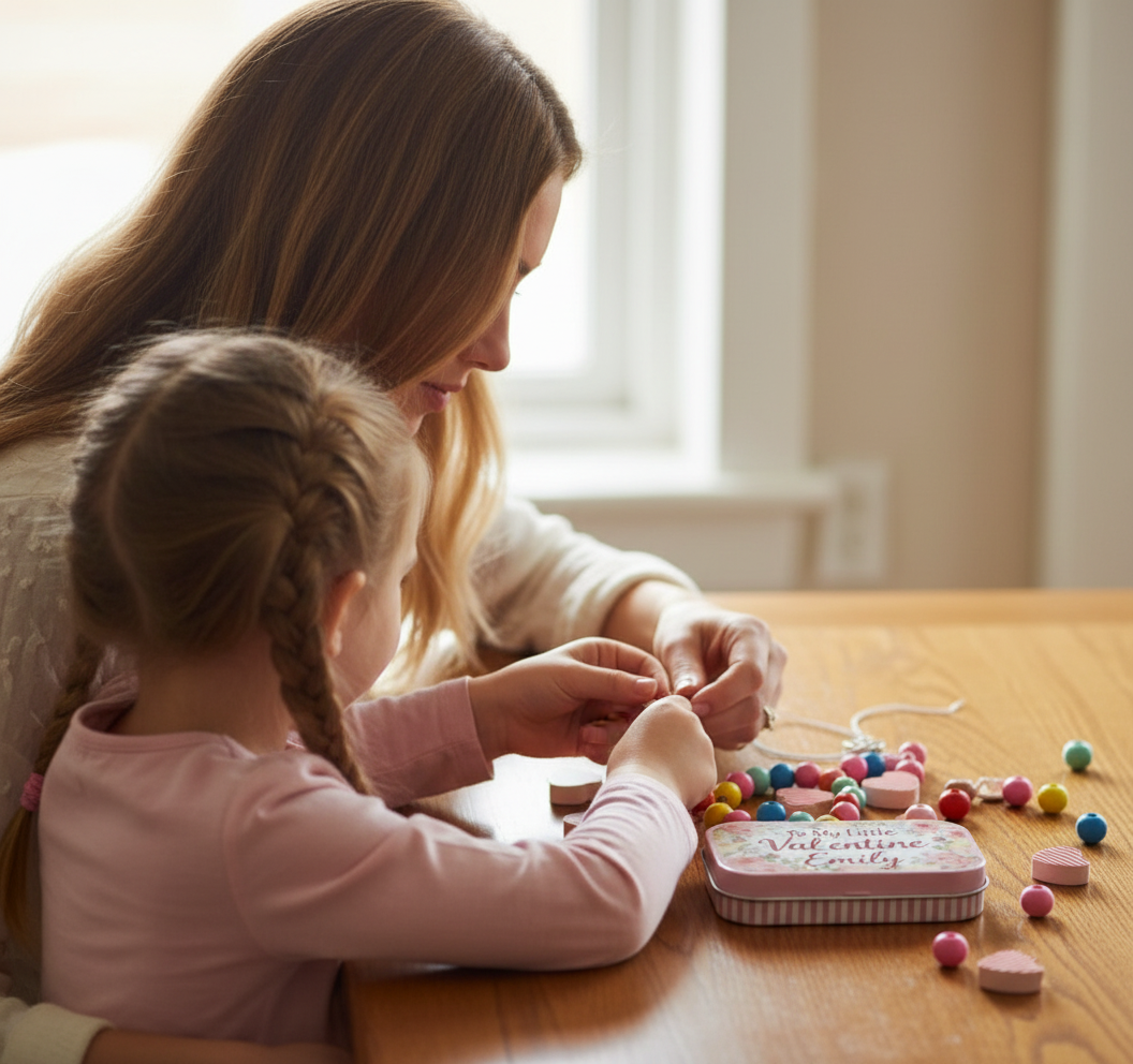 Personalized Valentine's Day Wooden Bead Bracelet Set with Customizable Name Box DIY Handmade Gift For Kids