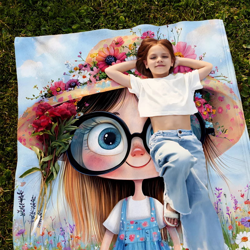 Personalized Cartoon Quirky Flower Girl Soft Throw Blanket with Name Home Decor Daily Use Christmas Gift