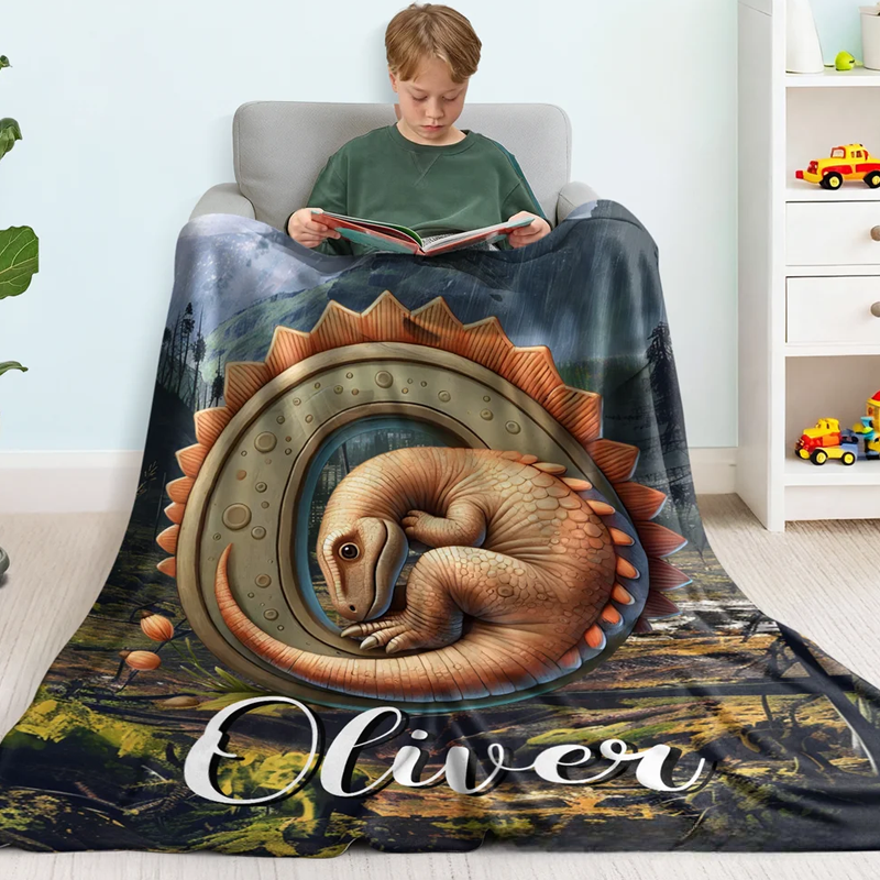 Personalized 3D Dinosaur Multicolor Soft Throw Blanket with Initial and Name Home Decor Christmas Gift