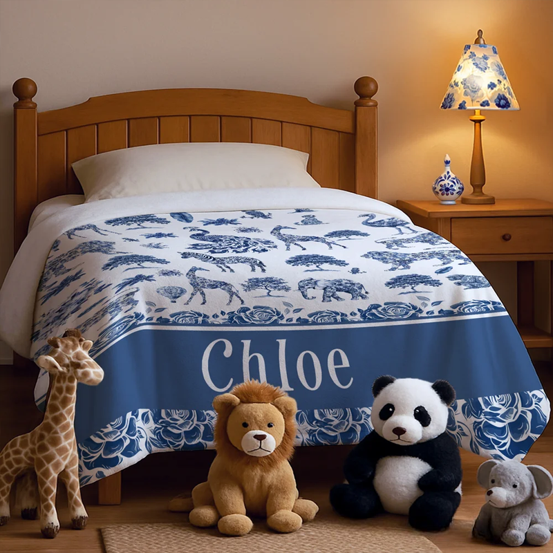 Personalized Toile De Jouy Zebra Giraffe Wild Animals Soft Throw Blanket with Name Home Decor Birthday Christmas Gift