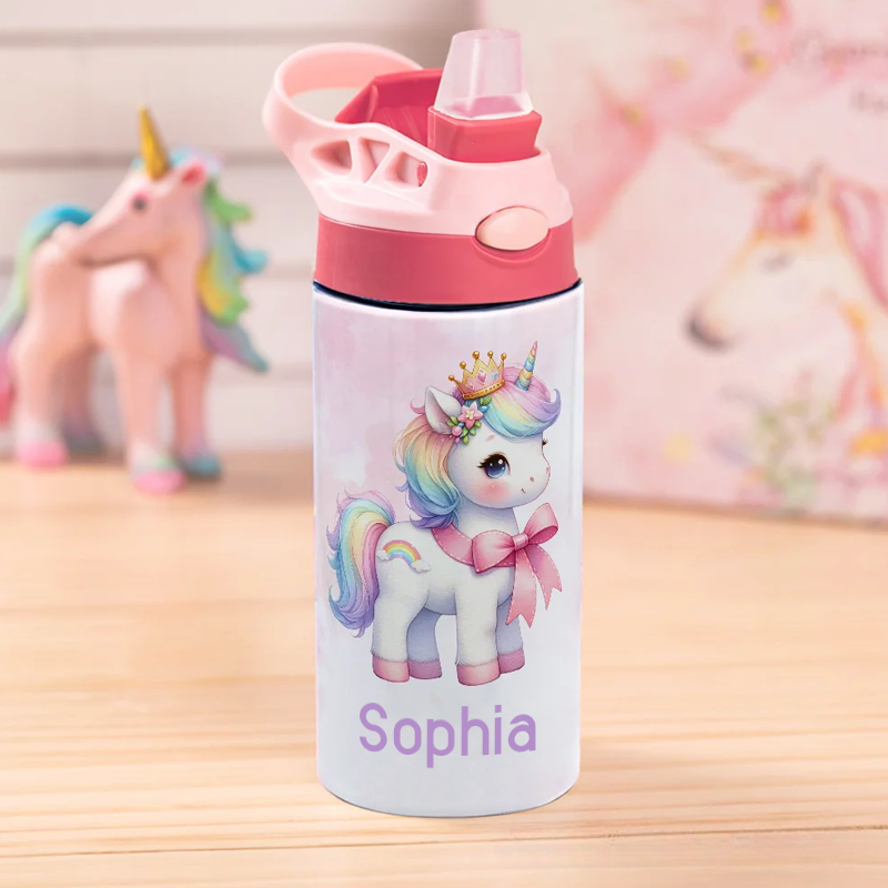 Personalized Colorful Dream Horse 12oz Insulated Name Water Bottle with Silicone Straw and Handle Birthday Christmas Gift