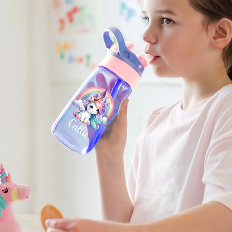 Personalized Rainbow Castle Dream Horse Design 16 oz Kid Water Bottle with Straw and Name Birthday Christmas Back to School Gift