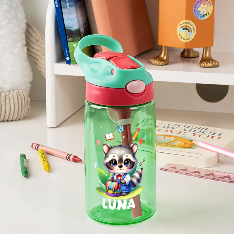 Personalized Cartoon Bear Lion Animals Name 16 oz Water Bottle with Straw and Handle Outdoor Supplies Back to School Birthday Gift for Boys Girls