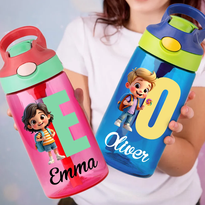 Personalized Cartoon Character 16 oz Kid Water Bottle with Name and Initial Outdoor Activities Birthday Christmas Back to School Gift 