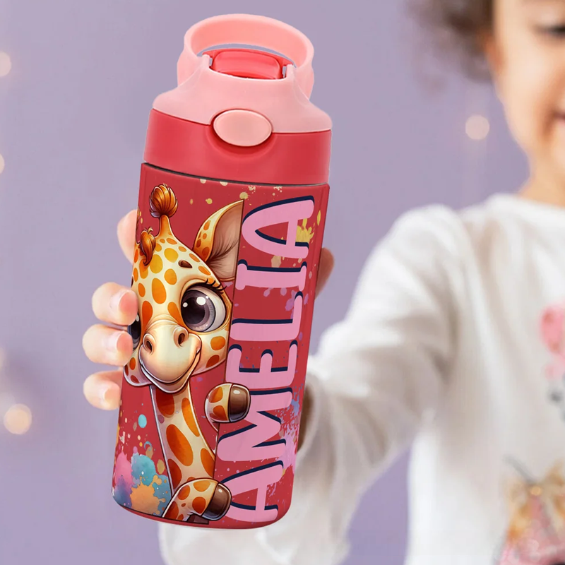 Personalized Cute Watercolor Animal 12 oz Kid Insulated Name Water Bottle with Handle and Silicone Straw Birthday Back to School Gift