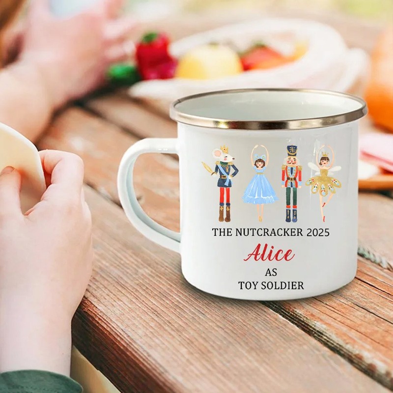 Personalized Cute Nutcracker Solider Ballet Girl 12oz Colored Rim Enamel Cup with Name and Year Birthday Christmas Gift