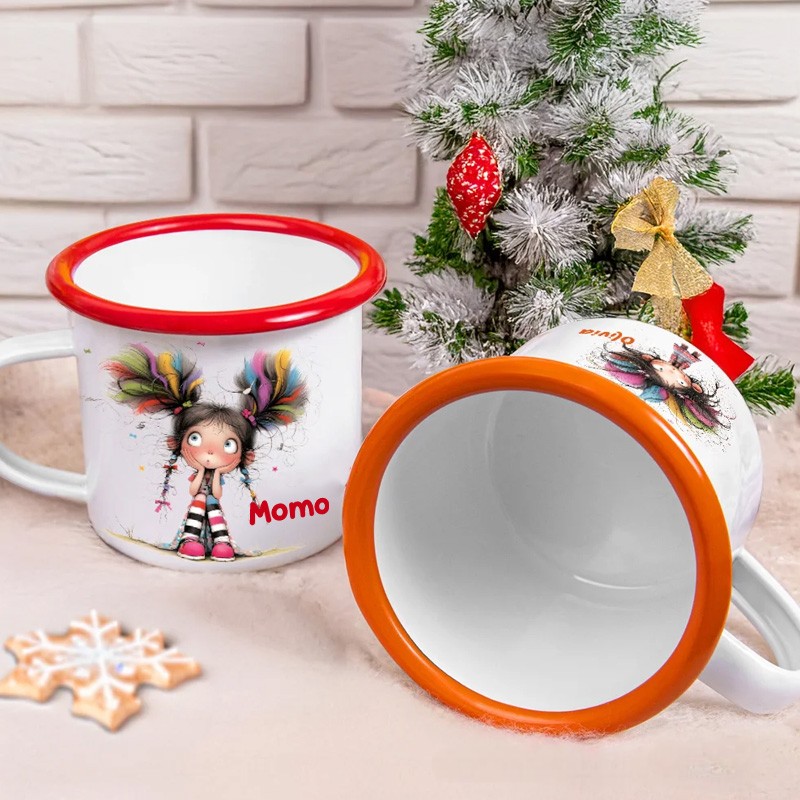 Personalized Cute Whimsical Quirky Girl 12oz Colorful Rim Enamel Mug with Name Birthday Back to School Holiday Gift