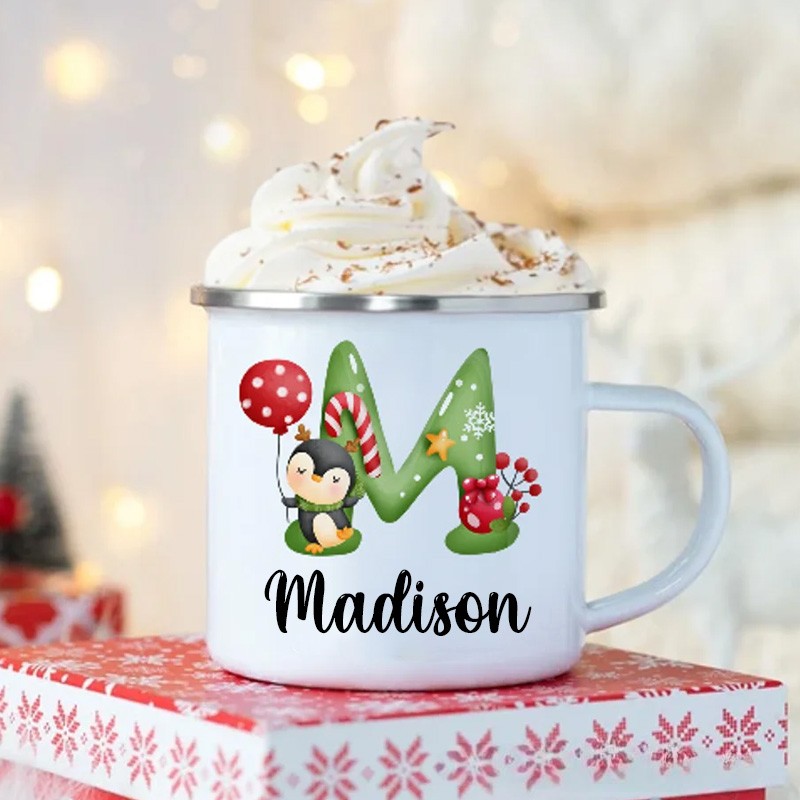 Personalized Christmas Alphabet 12oz Enamel Camping Mug