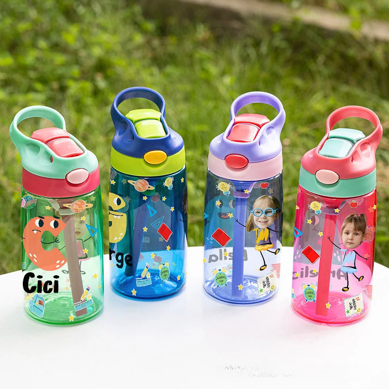 Personalized Colorful Cartoon Photo Name 16oz Kid's Water Bottle with Silicone Straw and Handle Birthday Back to School Gift for Boys Girls