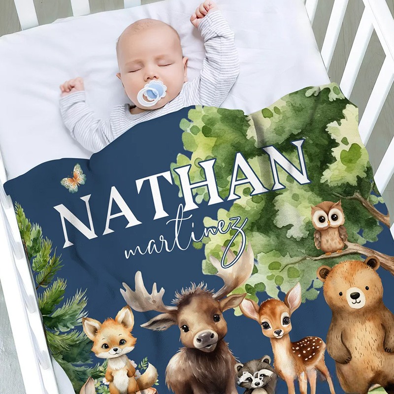 Personalized Cute Forest Animals Fox Rabbit Soft Throw Blanket with Name Nursery Room Decor Birthday Gift for Boys Girls