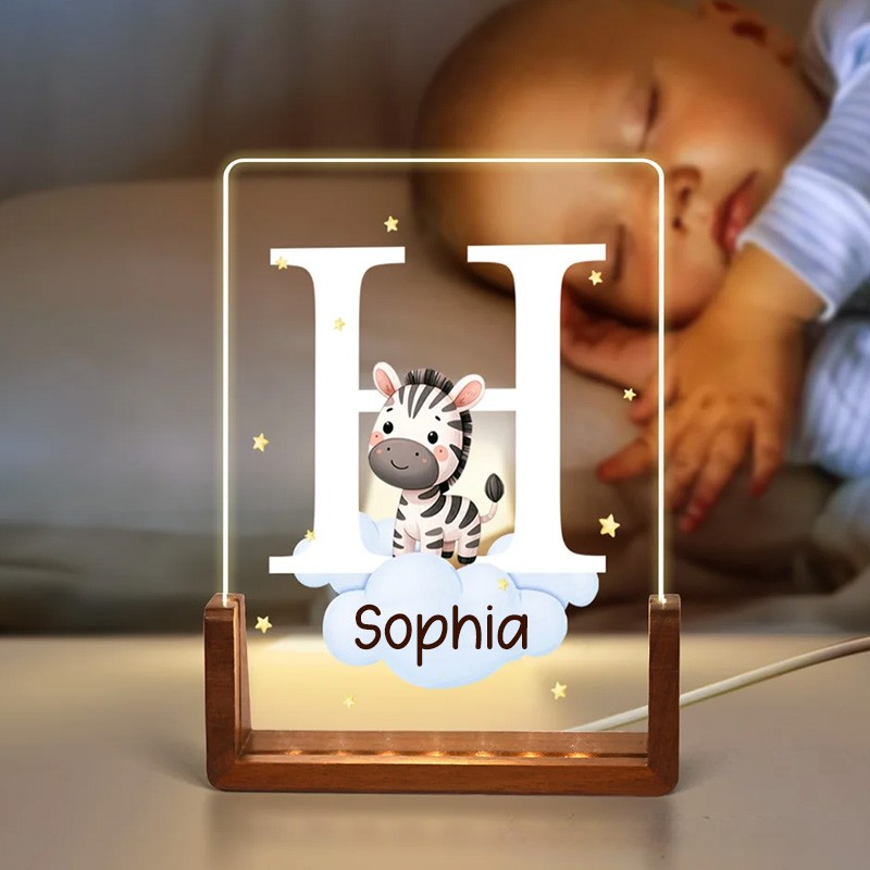 Personalized Cute Forest Animal Acrylic Cloud Star LED Night Light with Wooden Base Name and Initial Birthday Day Gift for Boys Girls