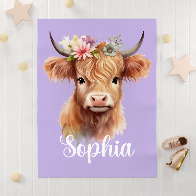 Personalized Cute Floral Highland Cow Soft Throw Baby Blanket with Name Birthday Gift for Highland Cow Lovers