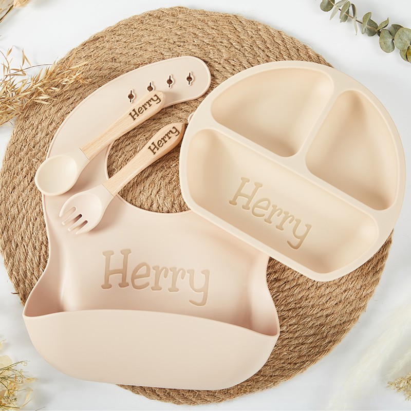 Personalized Engraved Silicone Baby Weaning Set Baby Feeding Plate and Bib Unique Baby Shower Gift  Baby Essentials Baby Shower Gift