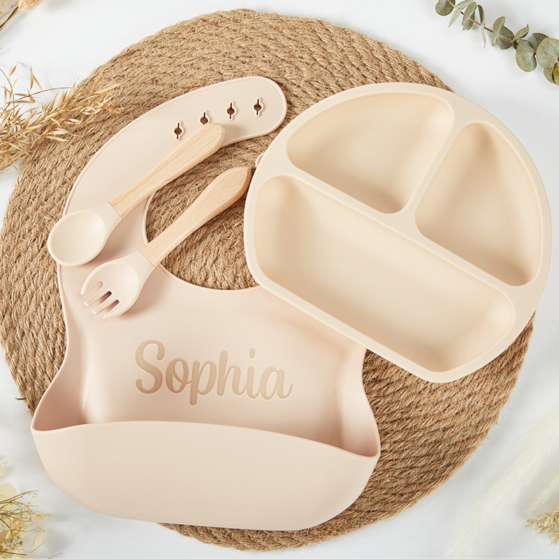 Personalized Feeding Set with Name Cartoon Weaning Set for Baby Eco Friendly Baby Plate Silicone Weaning Set Baby Shower Gift
