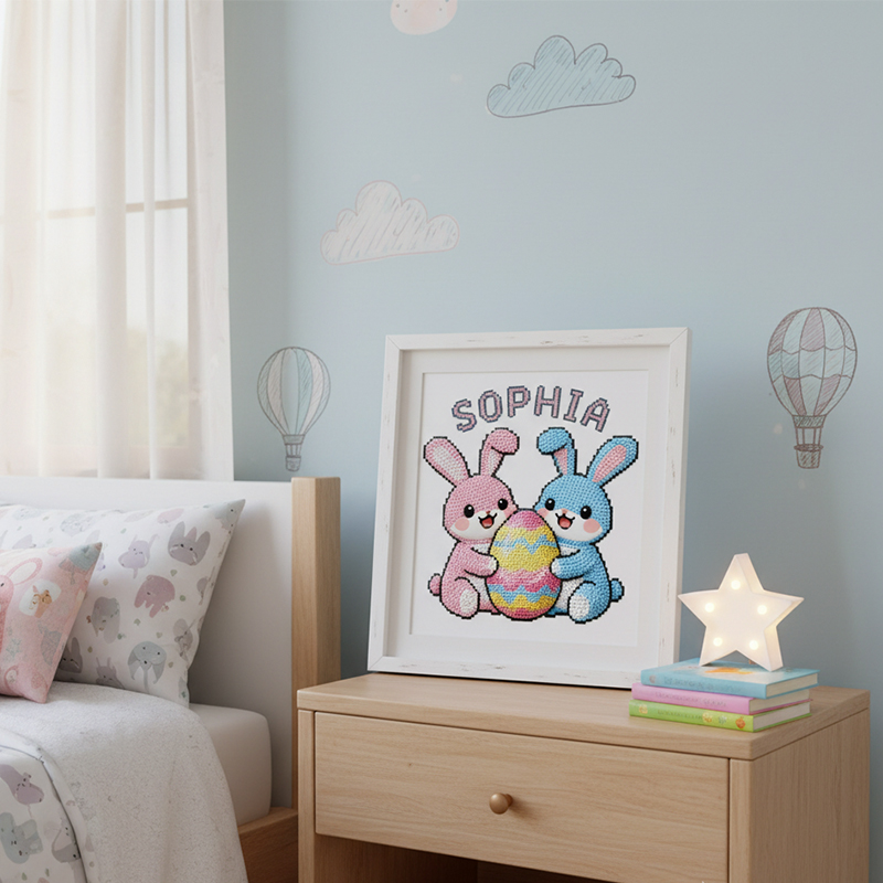 Personalized Name Diamond Painting Kit  Easter Bunny DIY Craft Set with Frame and Gems  Festive Design for Kids