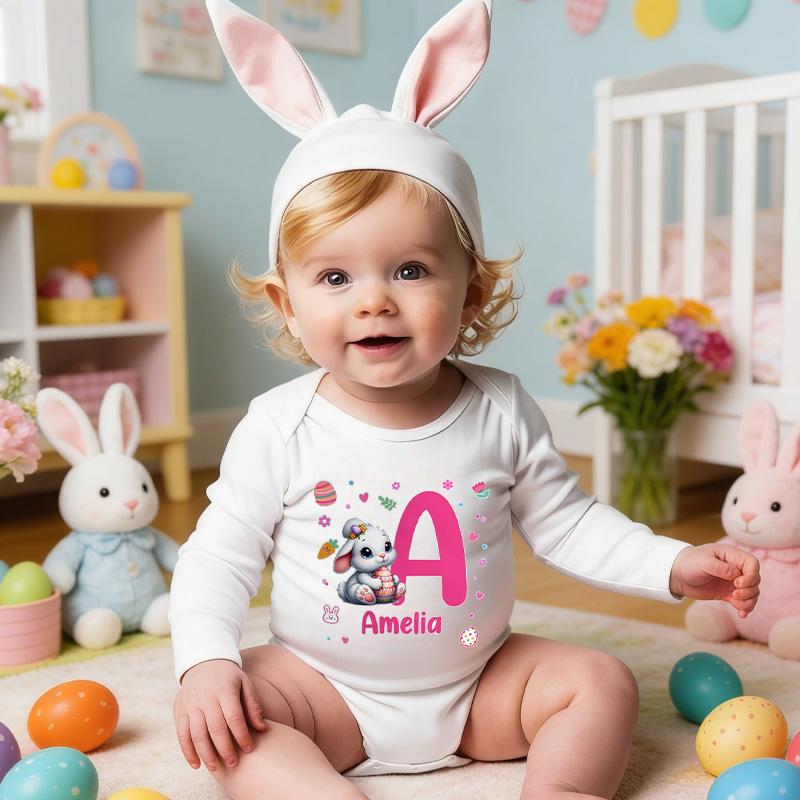 Personalized Easter Bunny Theme Custom Name Outfit Cute Infant Clothing Gift for Baby Spring Celebration Egg Hunt Baby Bodysuit