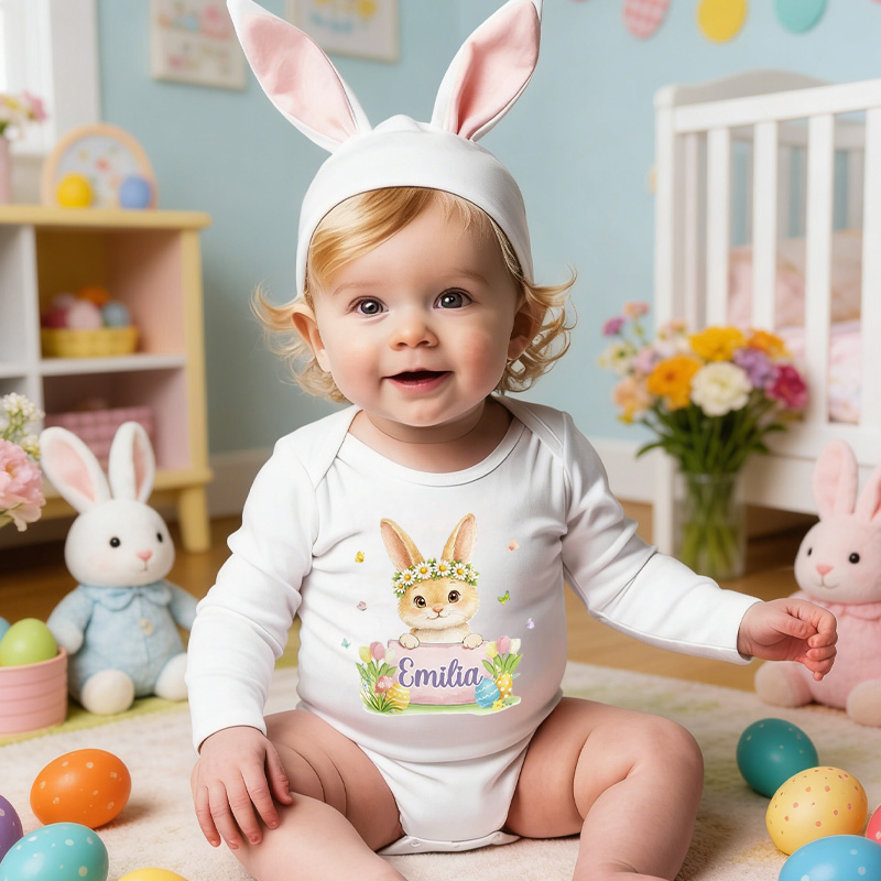 Personalized Easter Bunny Theme Custom Name Floral Wreath Cute Infant Outfit Spring Gift for Newborn Toddler Baby Bodysuit
