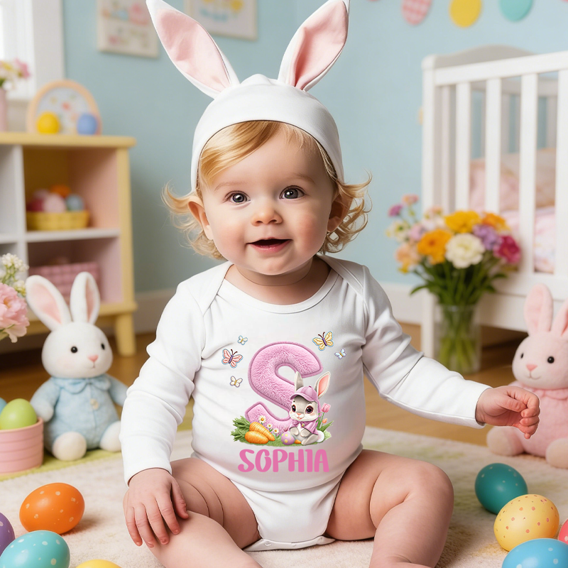 Personalized 3D Printing Easter Bunny Baby Bodysuit with Name Easter Party Birthday Gift for Kids Boys Girls