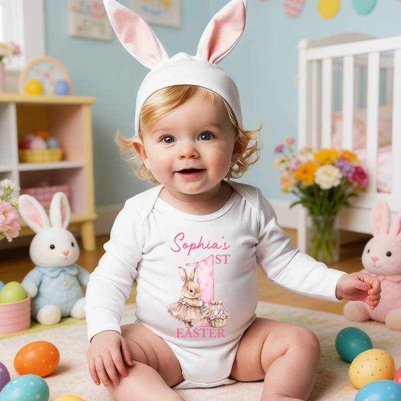 Personalized My First Easter Tutu Bunny Baby Bodysuit with Name Easter Party Birthday Gift for Kids Boys Girls
