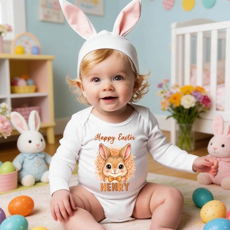Personalized Easter Bunny Theme Custom Name Cute Infant Outfit Twins Matching Clothes Spring Gift for Baby Boy and Girl Celebration Baby Bodysuit