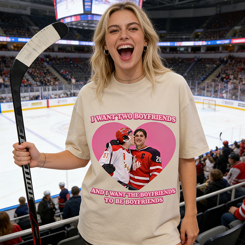 Personalized I Want Two Boyfriends Hockey Meme Washed T-Shirt, Funny Graphic Tee for Ice Hockey Fans 