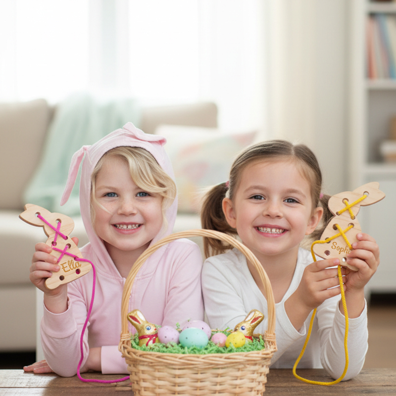 Personalized Easter Lacing Toy for Kids Custom Name Wooden Bunny with Colorful Strings Fun and Educational