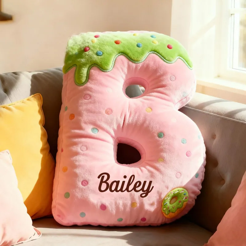 Personalized Pink Donut Alphabet Throw Pillow Graphic 3D Print Donut Letter with Name for Kids Boys Girls Family Baker Christmas Gift 