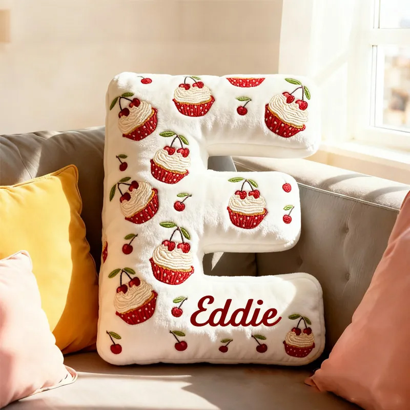 Personalized Cherry Cupcake Alphabet Throw Pillow Graphic 3D Print Christmas Dessert Letter with Name for Baker Gift for Kids Boys Girls