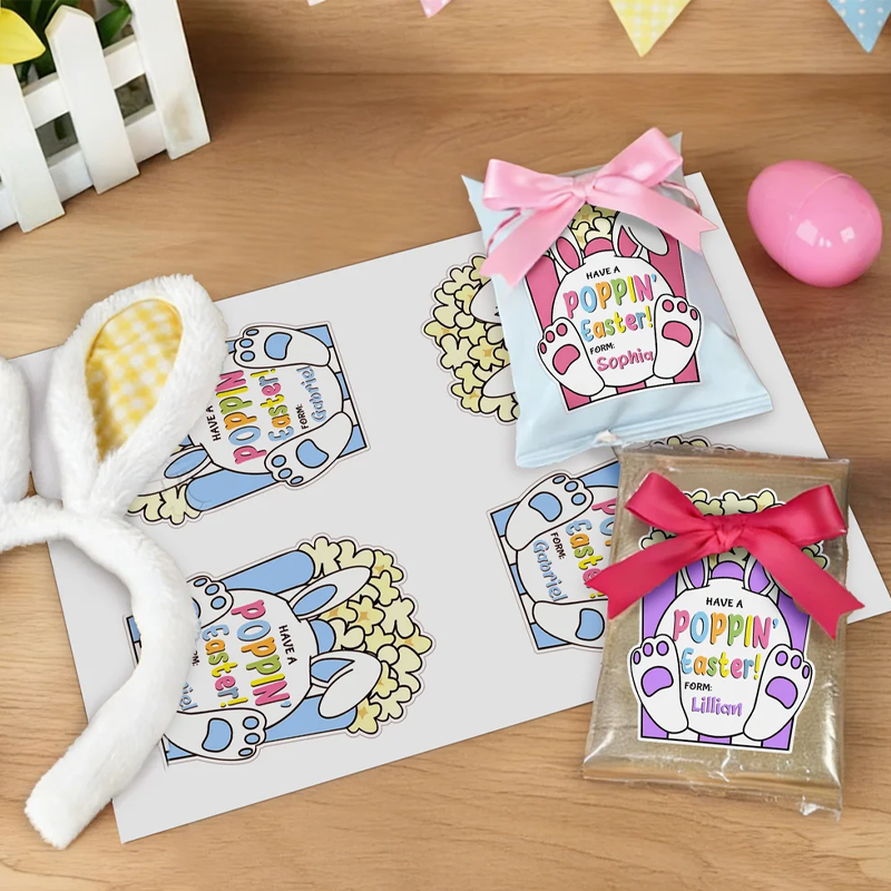 Personalized Cute Popcorn Rabbit Easter Waterproof Stickers Labels with Name Gift Decoration Easter Day Party Favors for Kids