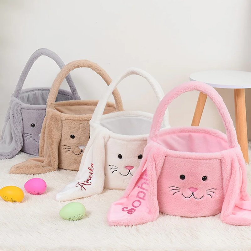 Personalized Cute Long Ears Furry Bunny Easter Basket with Glitter Name Easter Egg Hunting Gift for Kids