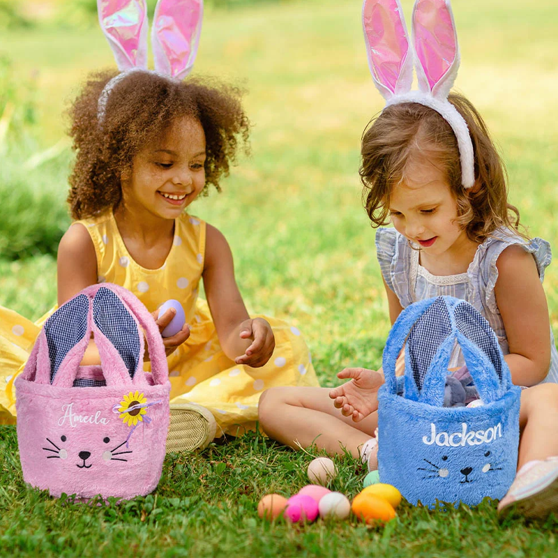 Personalized Cute Plush Bunny Easter Basket with Name Easter Egg Hunting Gift for Kids