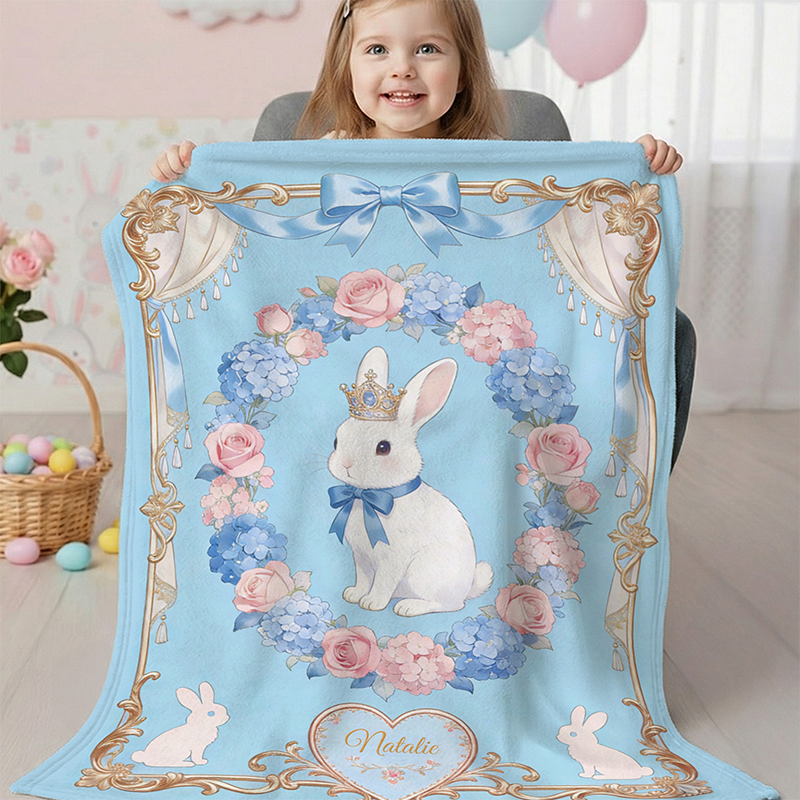 Personalized Name Bow Frame Floral Crown Rabbit Blanket Flannel Sherpa Throw for Bed Couch Home Decor Birthday Easter Gift for Kids Boys Girls