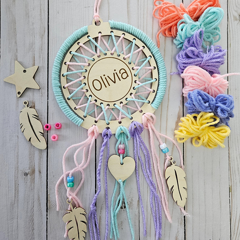 Personalized DIY Dream Catcher Kit for Kids Custom Name Creative Craft with Yarn and Wooden Decorations