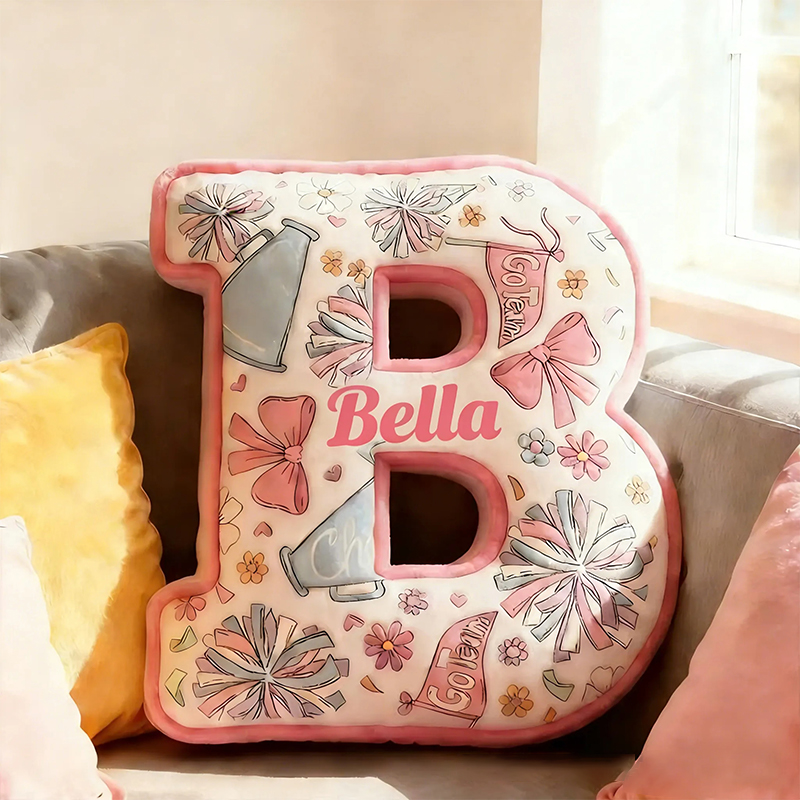 Personalized Cheerleading Initial Pillow with Custom Name and Cheer Theme Design