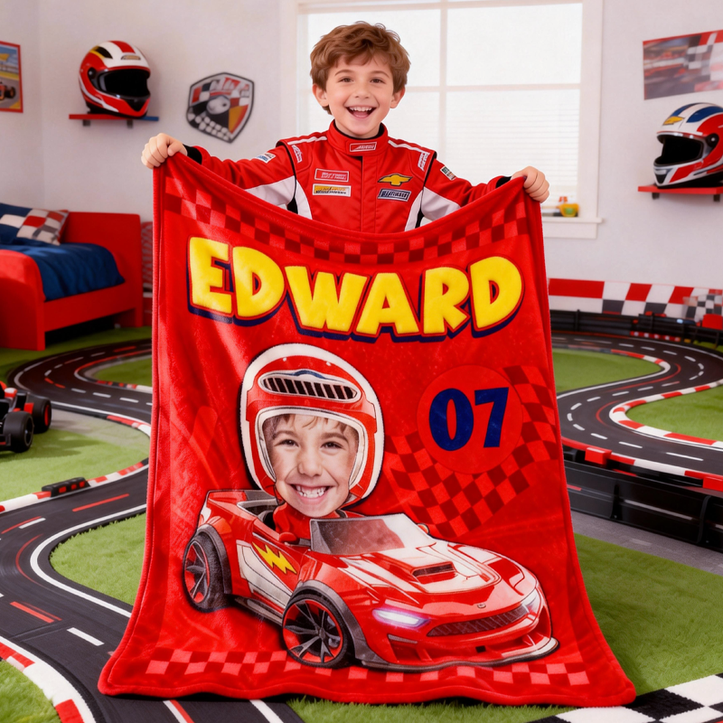 Personalized Race to My Heart Red Racing Car and Helmet Design  Custom Blanket Gift for Son and Grandson