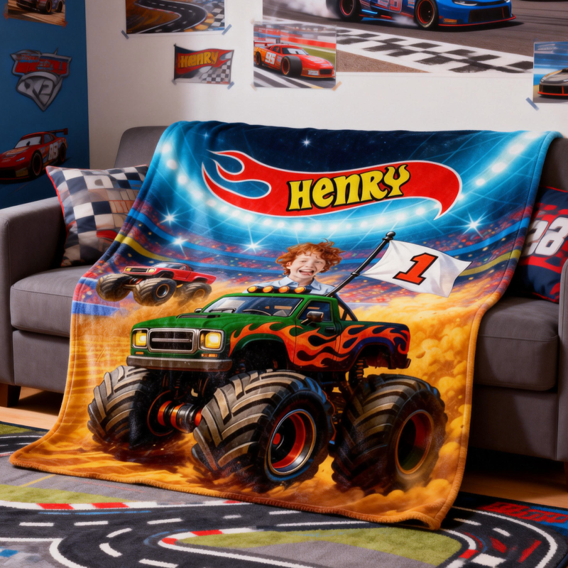 Personalized Thrilling Adventure With Monster Trucks Custom Blanket Gift For Boys And Kids