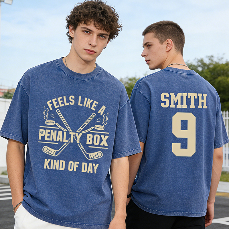 Personalized "Penalty Box Kind of Day" Hockey Washed T-Shirt with Custom Name and Number