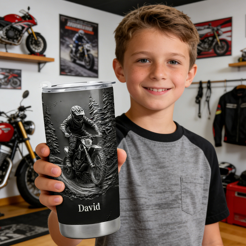 Personalized 2D Flat Experience the Thrill of the Ride Motorcycle and Rider Stainless Steel Tumbler Gift for Motorcycle Enthusiasts