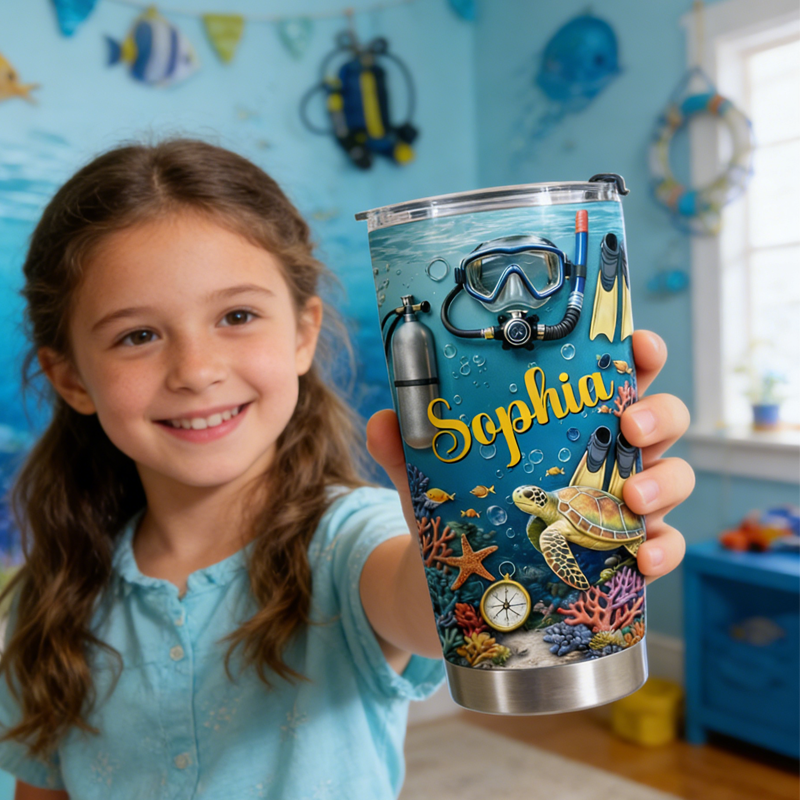 Personalized 2D Flat Explore the Ocean Mysteries Turtle and Marine Life Personalized Custom Stainless Steel Tumbler Gift for Ocean Lovers