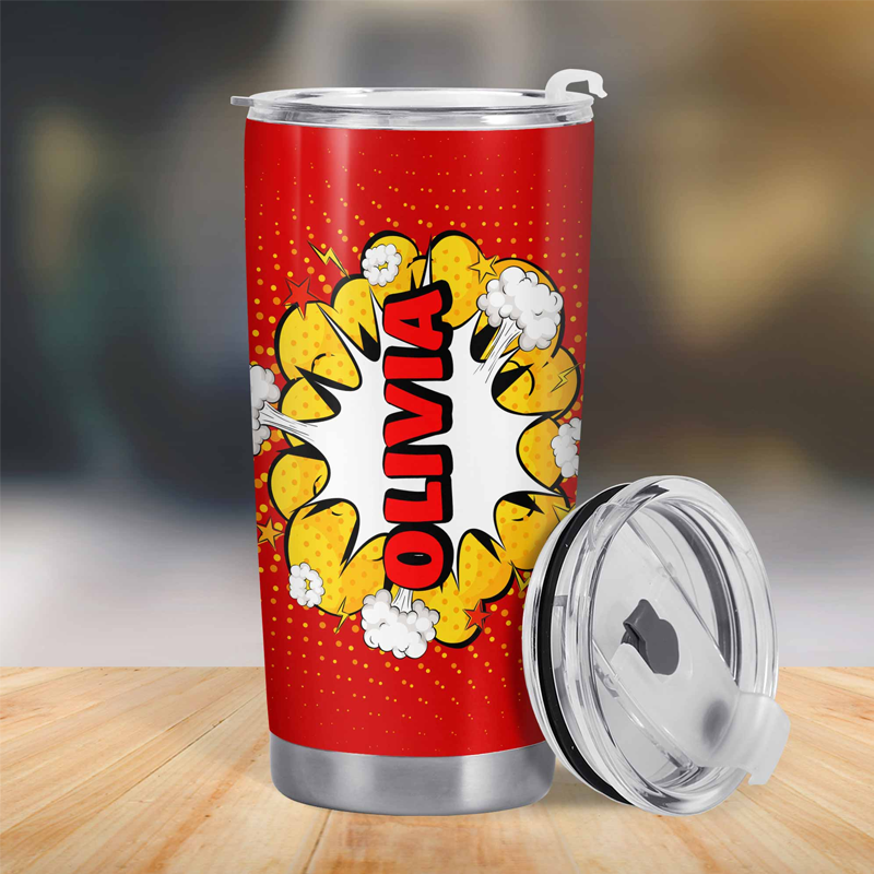 Personalized 2D Flat Burst of Name in Tropical Style with Comic Style Explosion Personalized Tumbler Gift for Kids