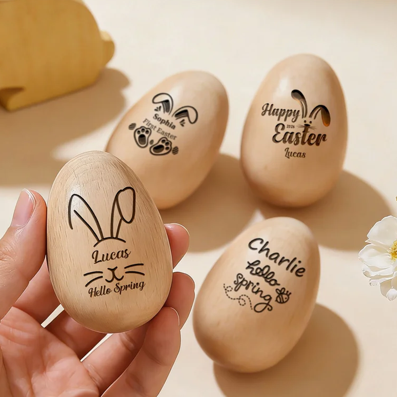 Personalized Happy Spring Bunny Wooden Easter Egg with Engraved Name Easter Basket Stuffers Home Decor Party Favors Gift for Kids
