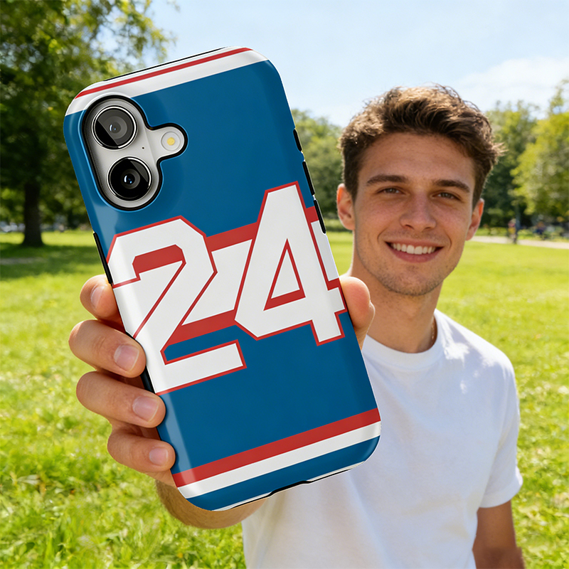 Personalized HR Theme Retro Blue Hockey Jersey Phone Case for Team Supporters and Game Day Enthusiasts